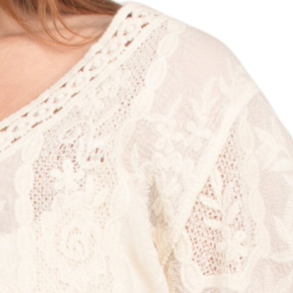 DEMOCRACY V-neck Crinkle Elbow Sleeve Top With Crochet Insets - Picture 3 of 3